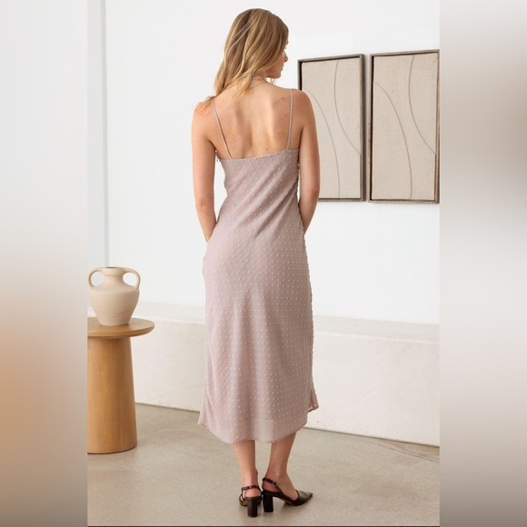 NWT-Swiss Dot Lace Trimmed Spaghetti Strap Bias Midi Dress - Picture 10 of 12